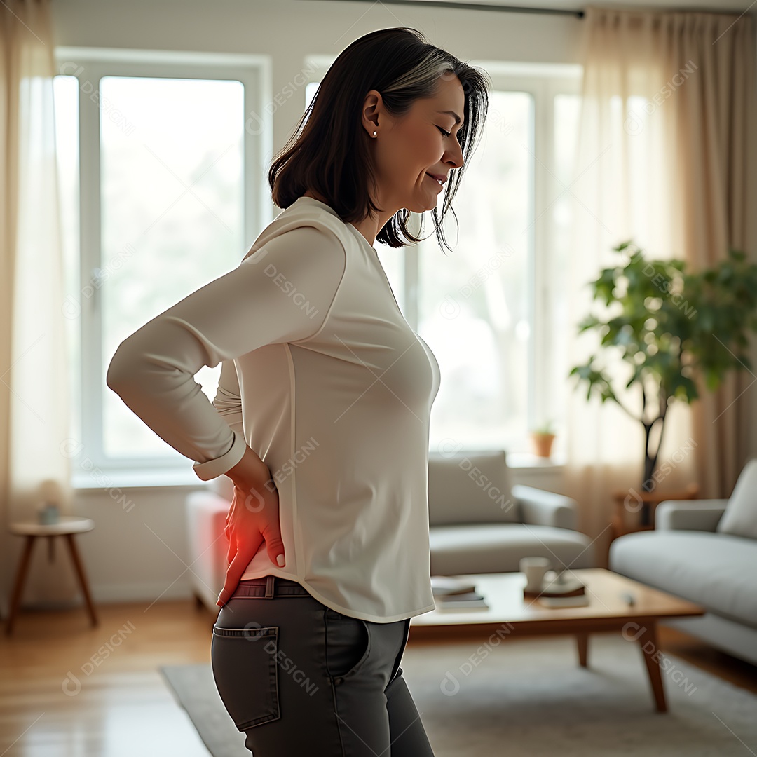 Linda senhora em pé sobre a sala com fortes dores na coluna