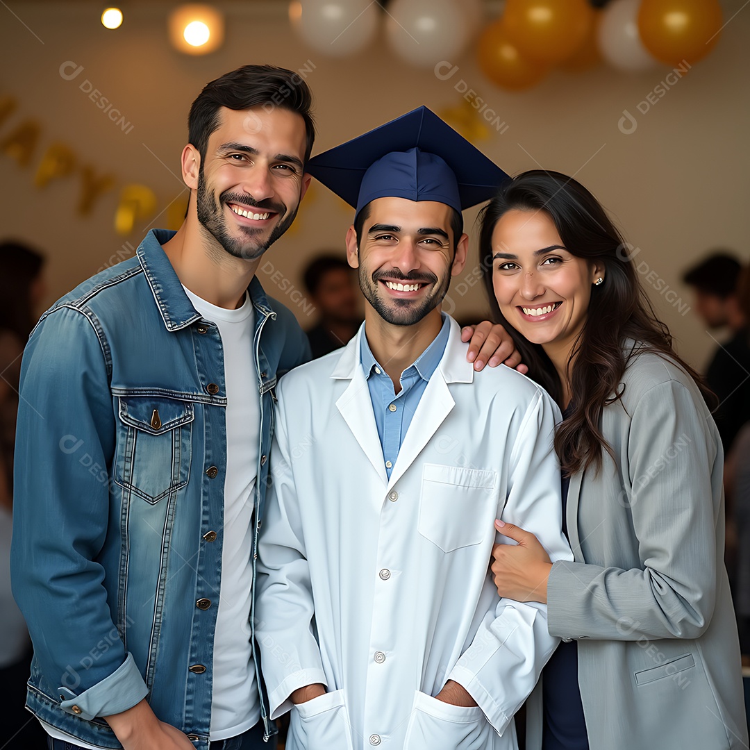 Lindo pais acompanhando filho na formatura sobre fundo desfocado