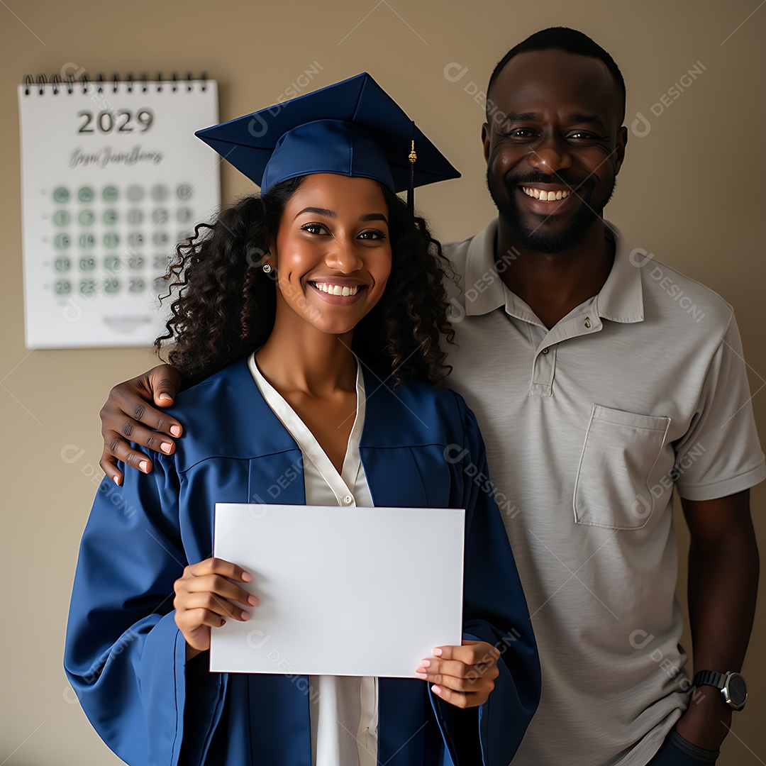 Lindo pai acompanhando filha na formatura sobre fundo desfocado