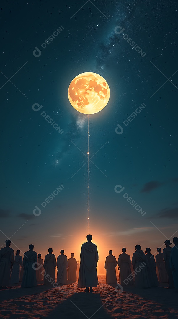 Linda noite de lua cheia com céu repleno de estrela com uma grande multidão adimirando