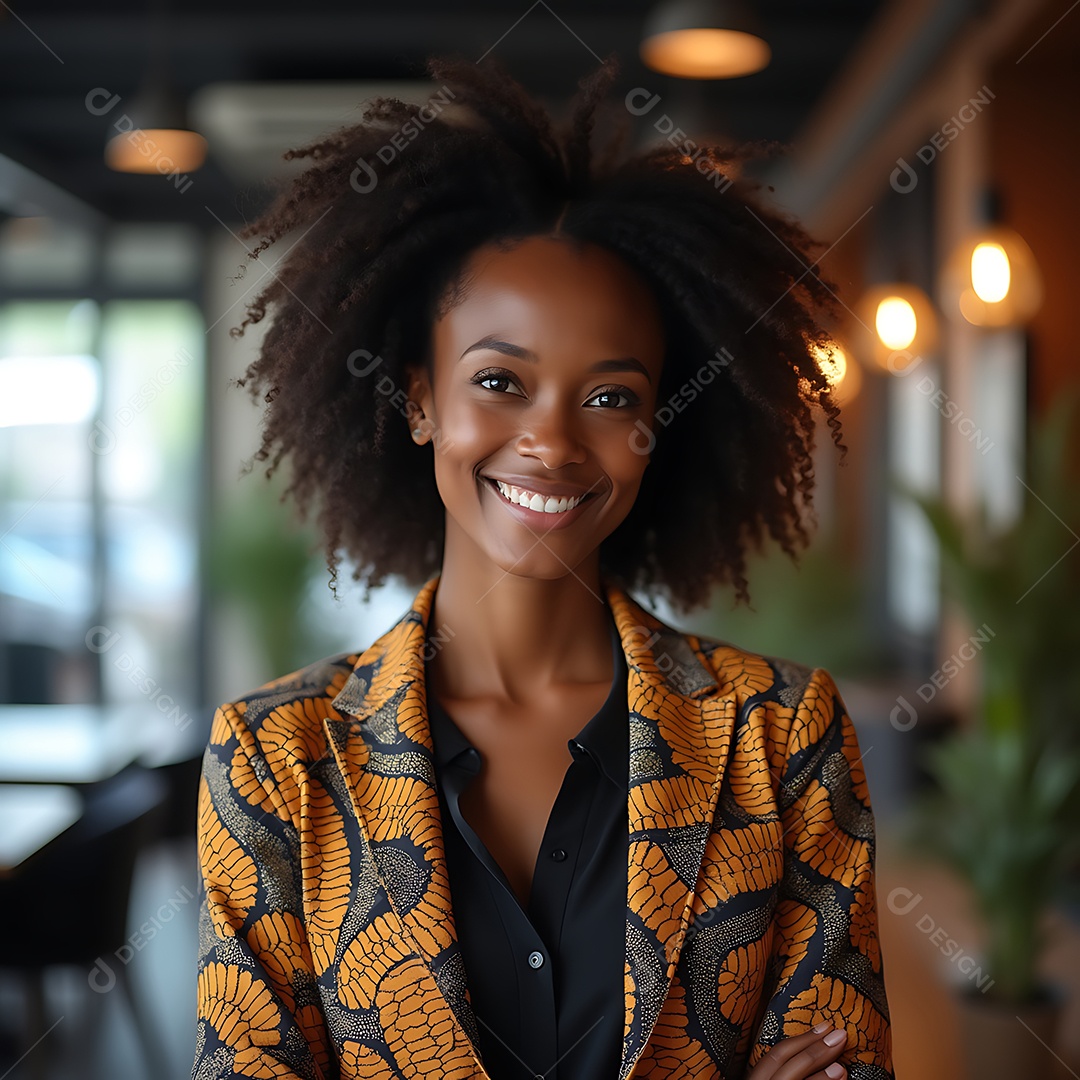 Bela mulher empresária em pé sobre fundo de um restaurante