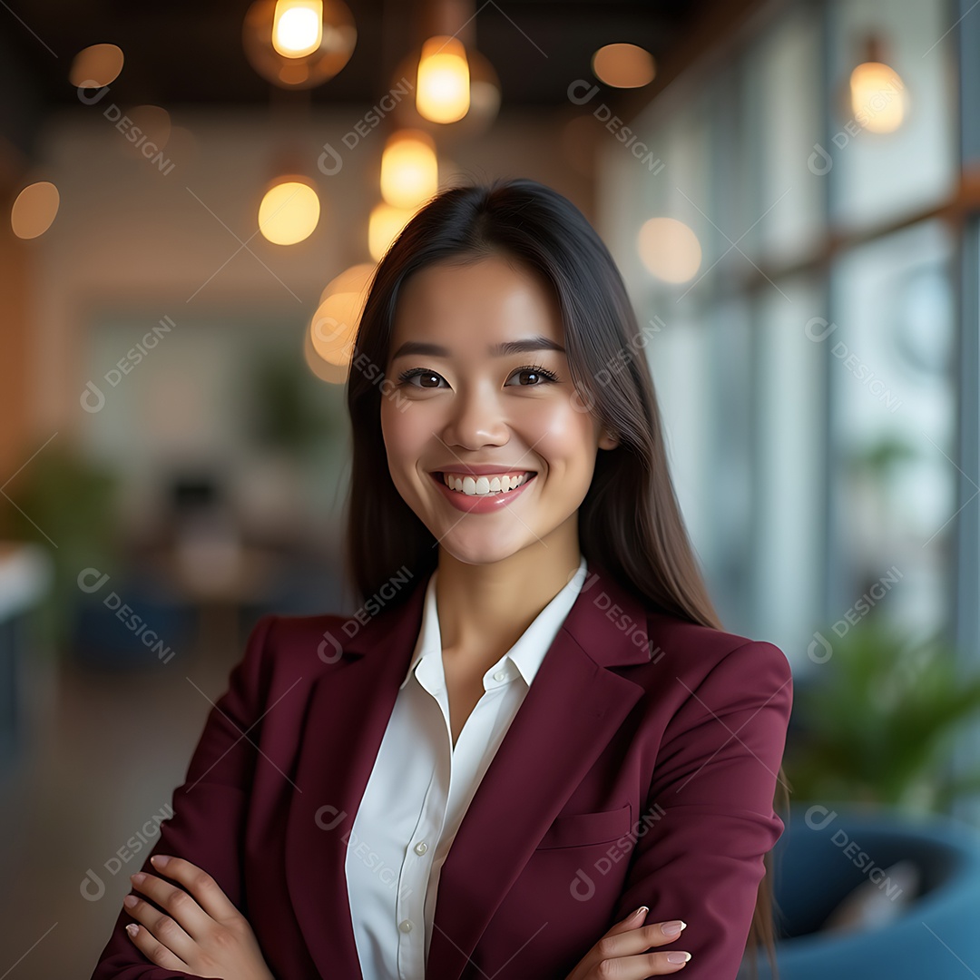 Bela mulher empresária em pé sobre fundo de um restaurante