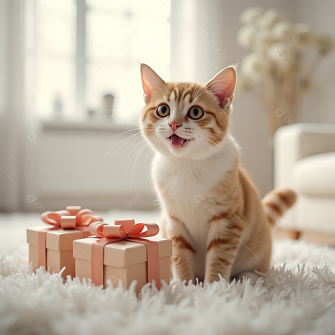 Gato realista feliz e lindo sentado dentro de uma casa minimalista impressionante ao fundo branco isolado