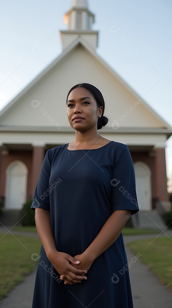 Fotografia realista de uma mulher cristã séria em pé ao ar livre com uma igreja