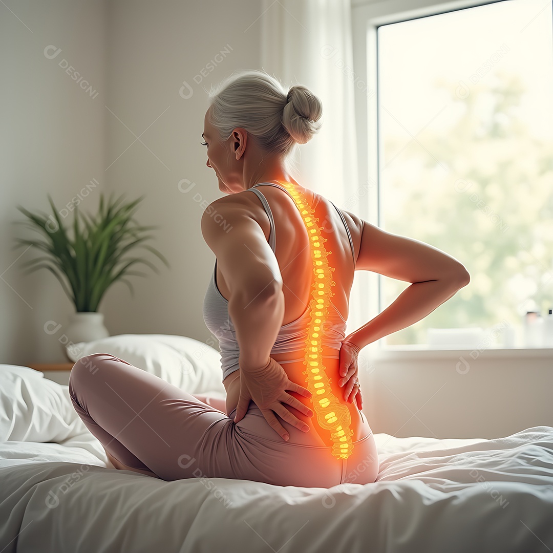 Uma ilustração realista de uma mulher idosa sentada em uma cama com fortes dores de coluna
