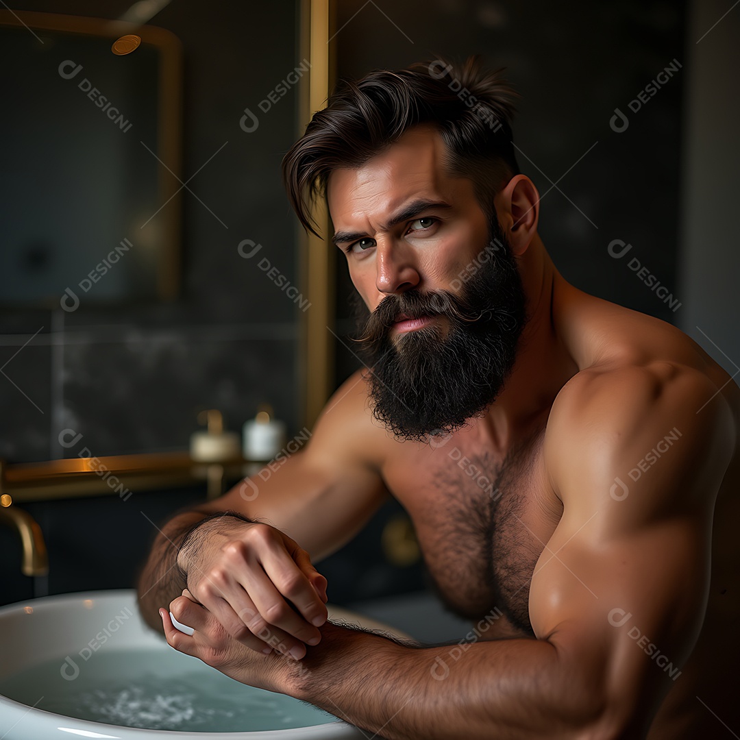 Homem forte masculino com uma pele bronzeada sentado sobre fundo de um banheiro