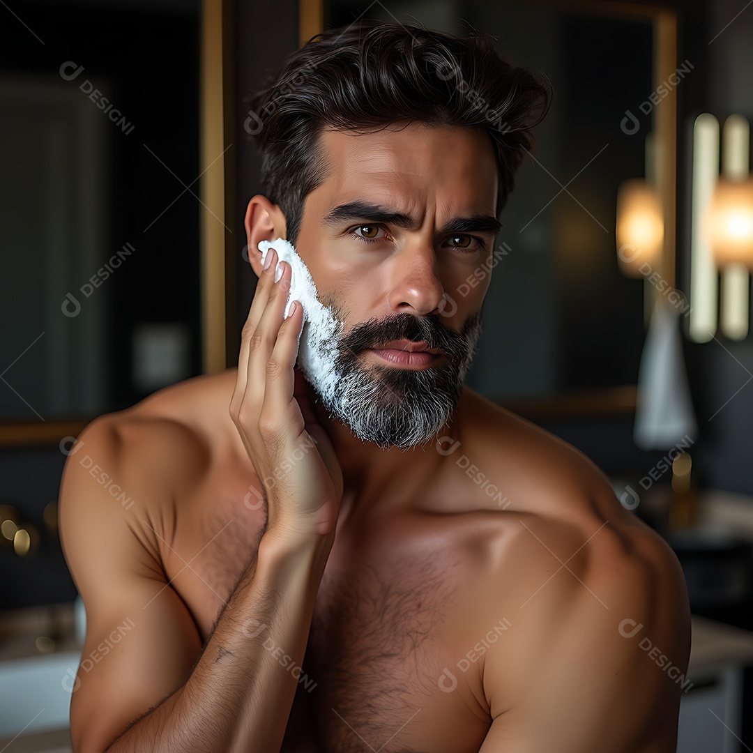 Homem forte masculino com uma pele bronzeada lavando o rosto com espuma de barba