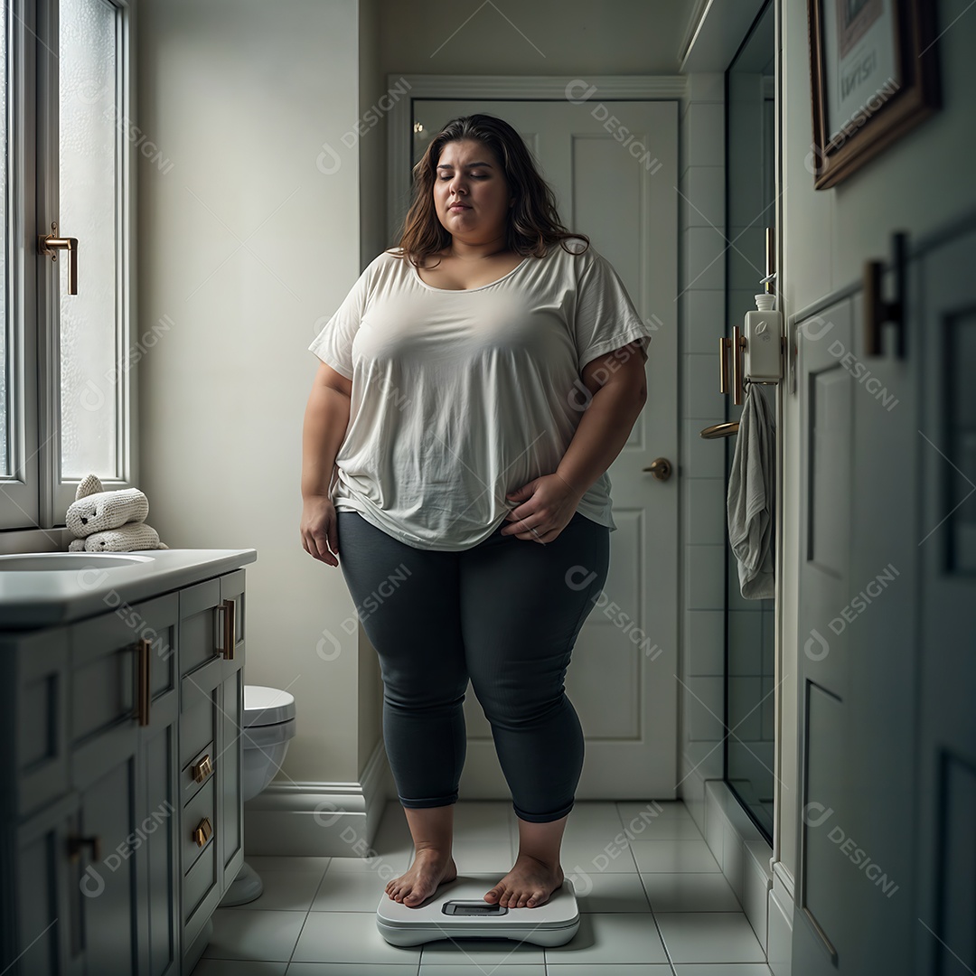 Bela mulher obesa sobre uma balança