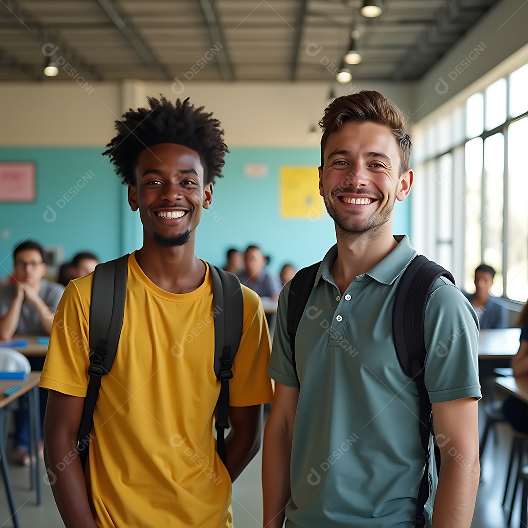 Dois belos estudantes brasileiros felizes em um ambiente escolar