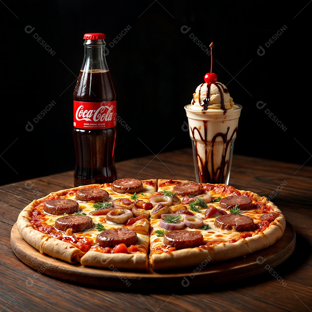 Linda pizza de calabresa em tábua acompanhada com sorvete e coca-cola sobre mesa de madeira