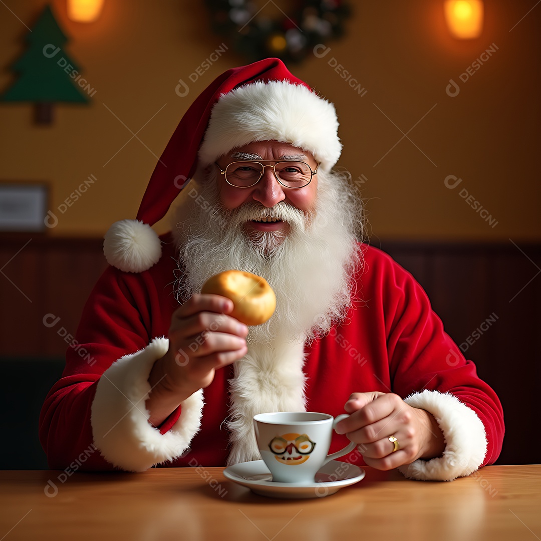 Belo papai noel sentado em uma mesa de lanchonete aconchegante segurando bolinho acompanhado de uma xícara de café sobre fundo desfocado
