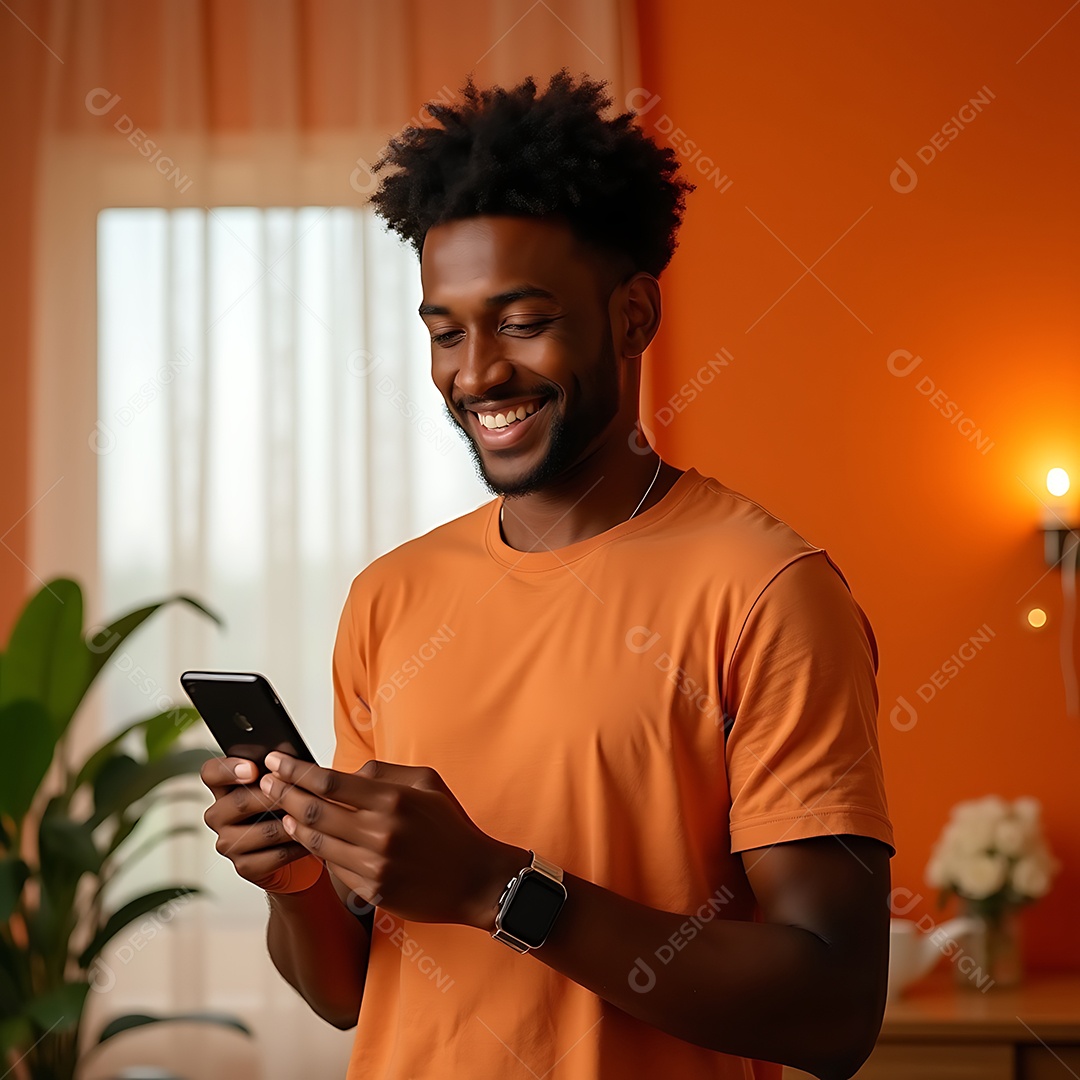 Belo homem negro de camisa laranja segurando smartphone sobre sala de estar