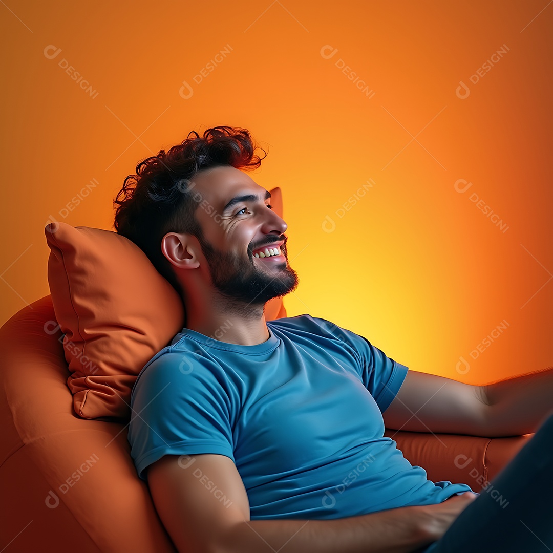 Belo homem sorridente sentado em uma poltrona laranja confortável sobre fundo laranja isolado