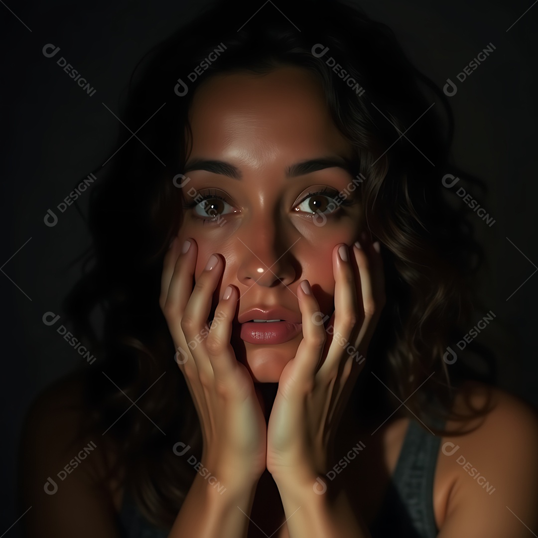 Bela mulher cobrindo o rosto com as mãos transmitindo desespero sobre fundo isolado