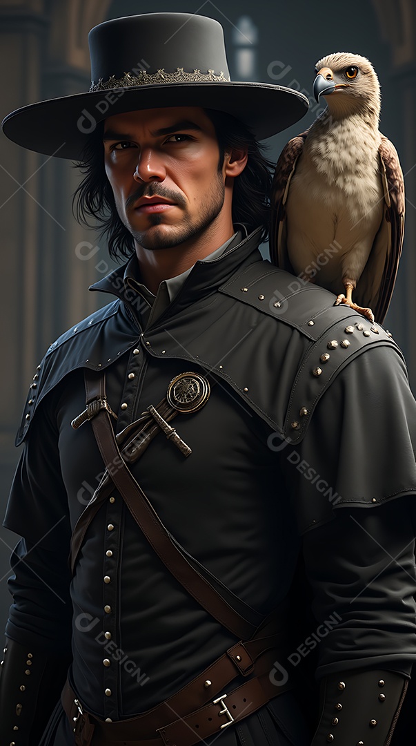 Cavaleiro renascenstita com expressão determinada com águia ao ombro