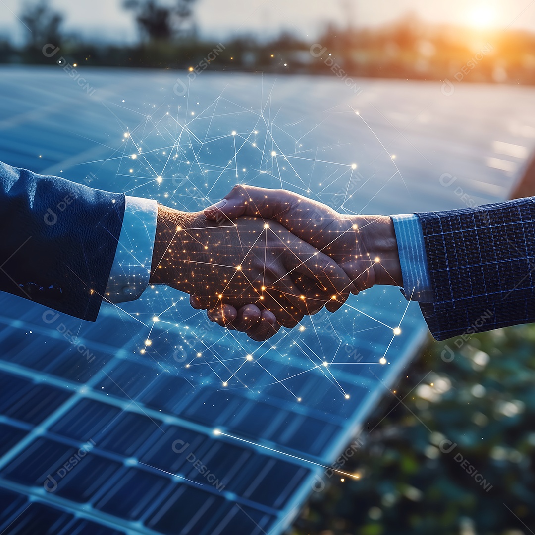 Aperto de mãos ao fundo de placa de ernagia solar
