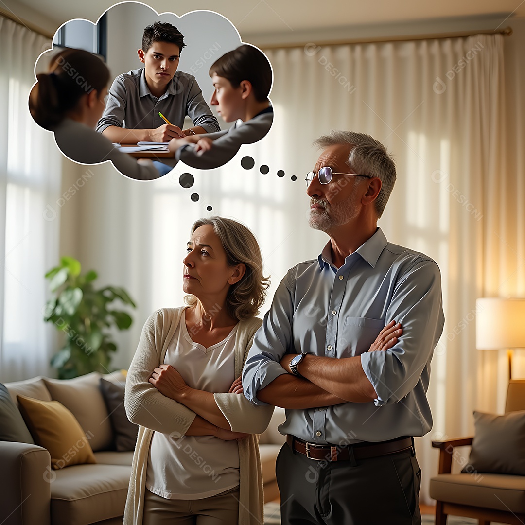 Dois pais mais velhos em uma sala de estar bem iluminada com suas expressões marcadas de preocupação