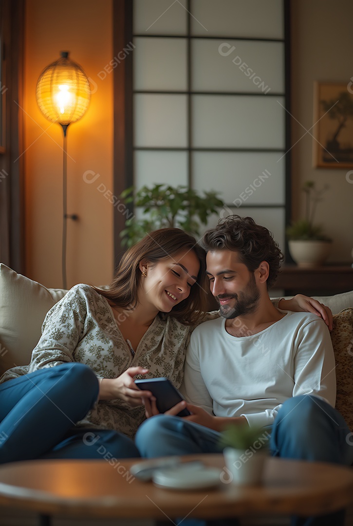 Lindo casal feliz usando smartphone sobre sala de estar