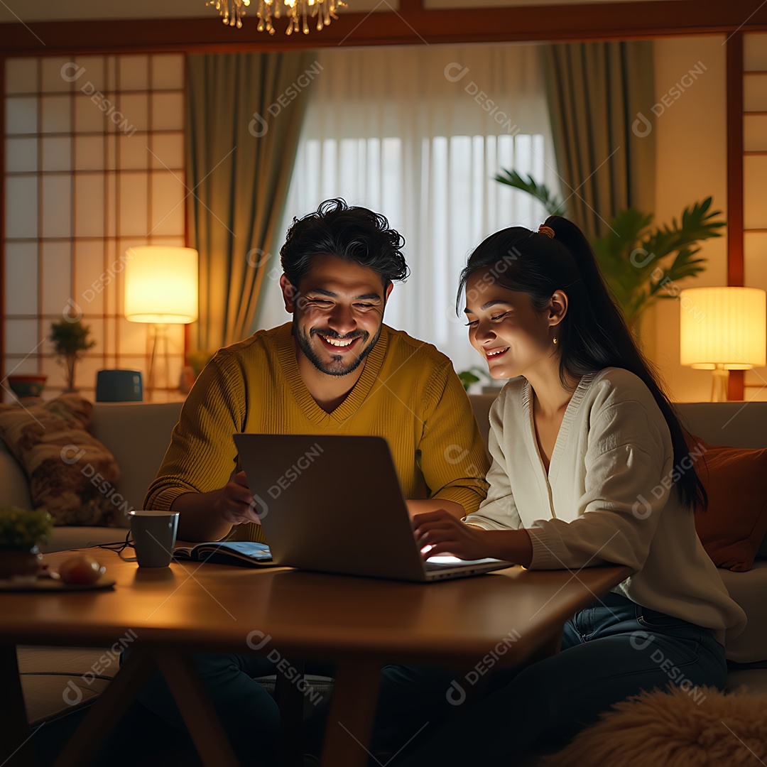 Lindo casal feliz usando leptop sobre sala de estar