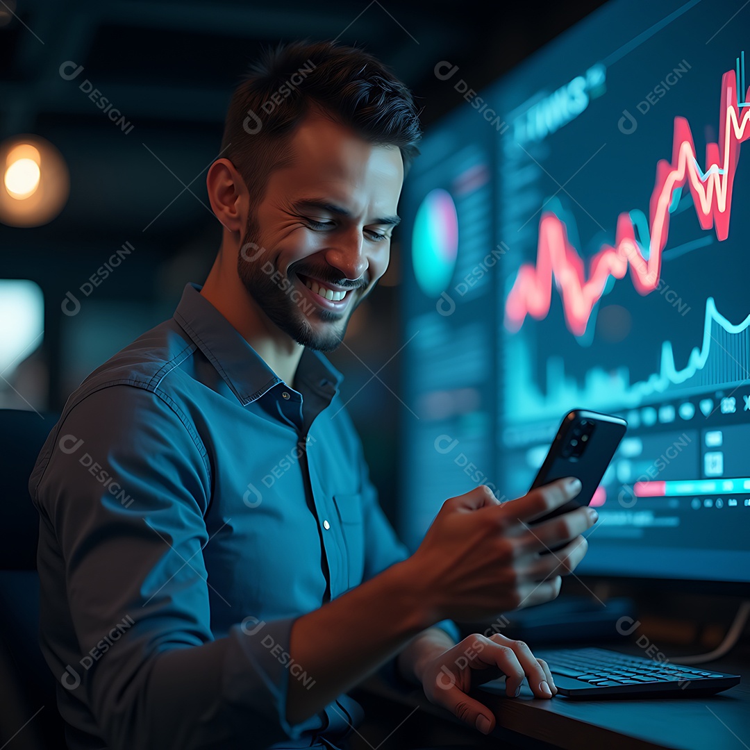 Empresário brasileiro feliz segurando um smartphone moderno