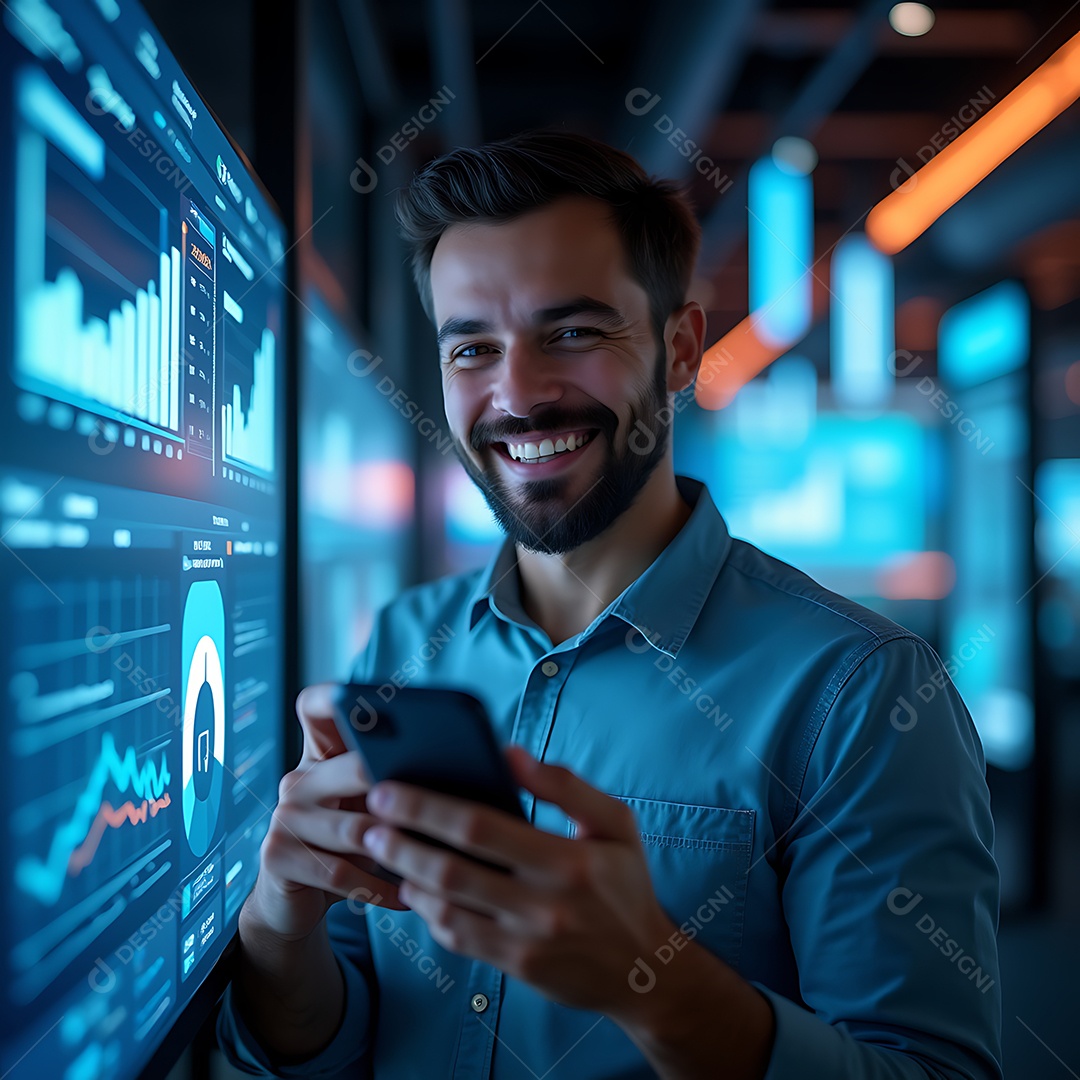 Homem brasileiro feliz segurando um smartphone moderno