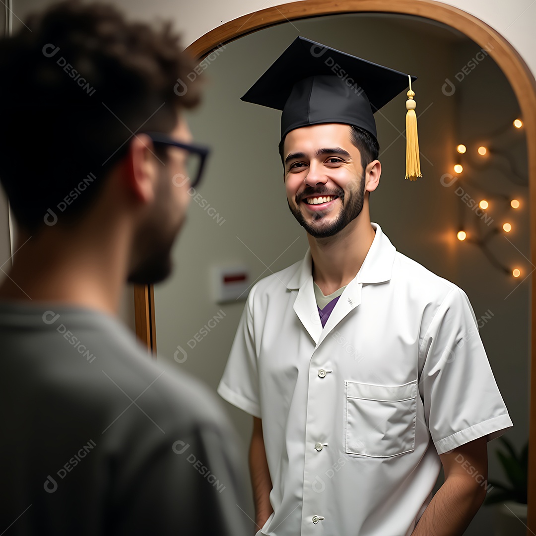 Belo estudante jovem e sorridente vestido casualmente olhando para um espelho sobre ambiente aconchegante