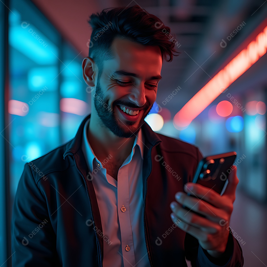 Homem brasileiro feliz segurando um smartphone moderno
