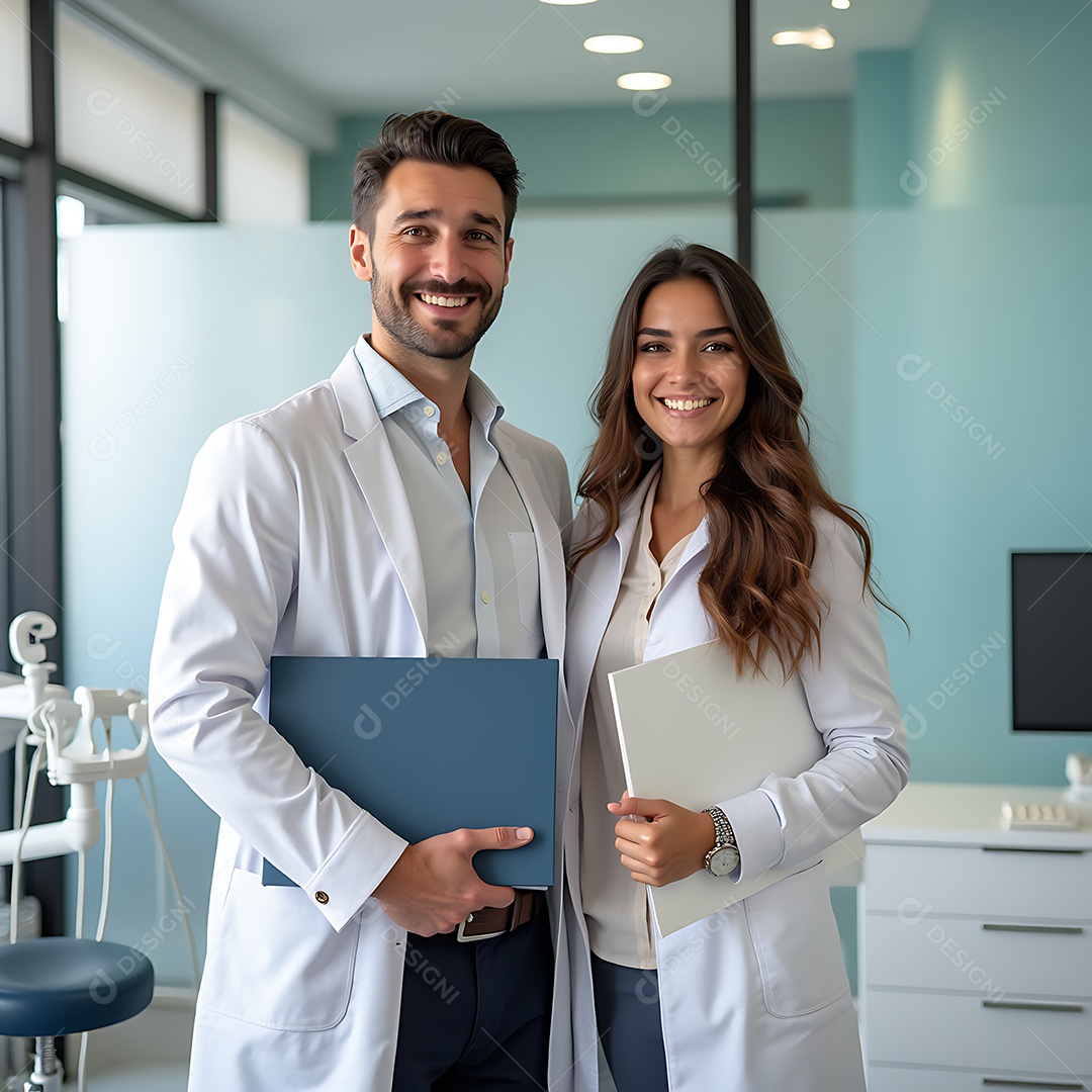 Belo homem e mulher jovens vestidos com jalecos brancos e segurando diplomas sobre fundo de um laboratóro