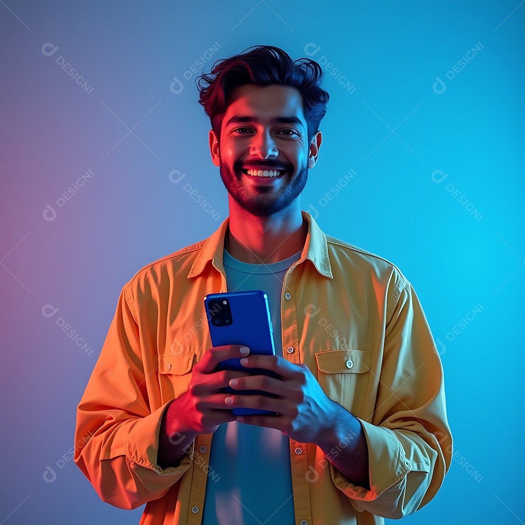 Homem de pele clara barba bem aparada cabelo curto segurando um smartphone azul claro sobre fundo background