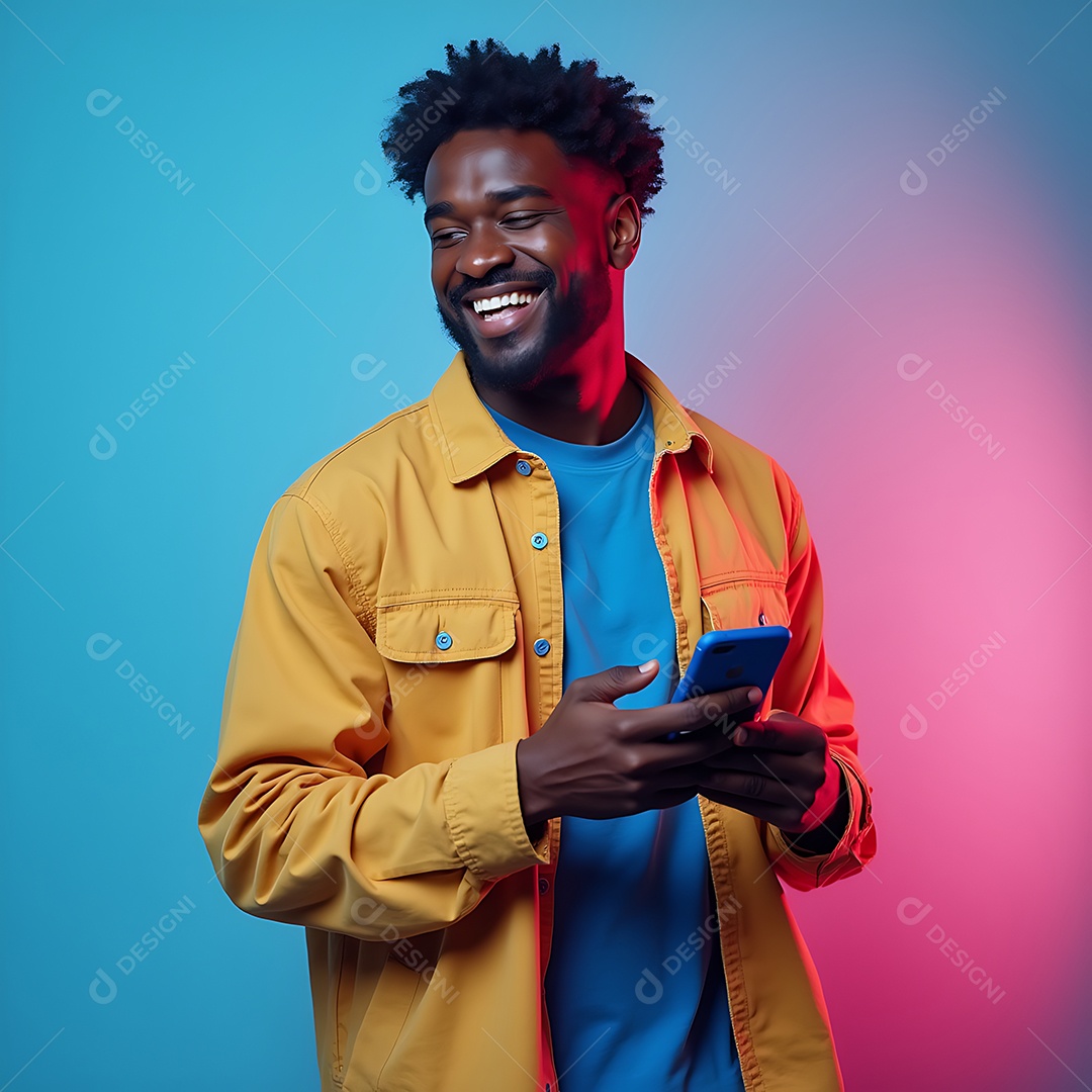 Homem de pele escura barba bem aparada cabelo curto segurando um smartphone azul claro sobre fundo background