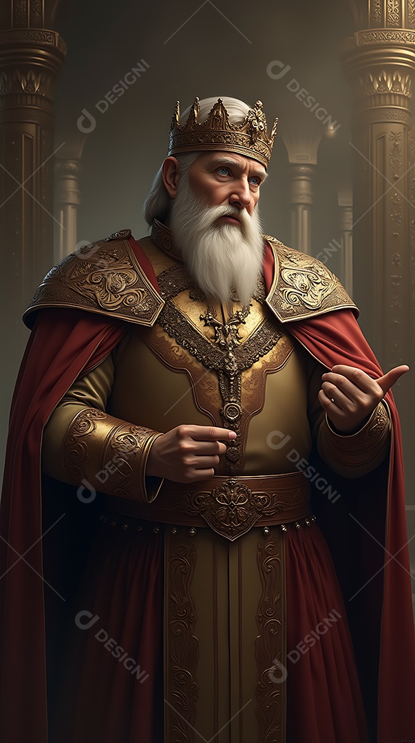 Belo rei sabio e majestoso com uma longa barba branca vestindo um traje dourado