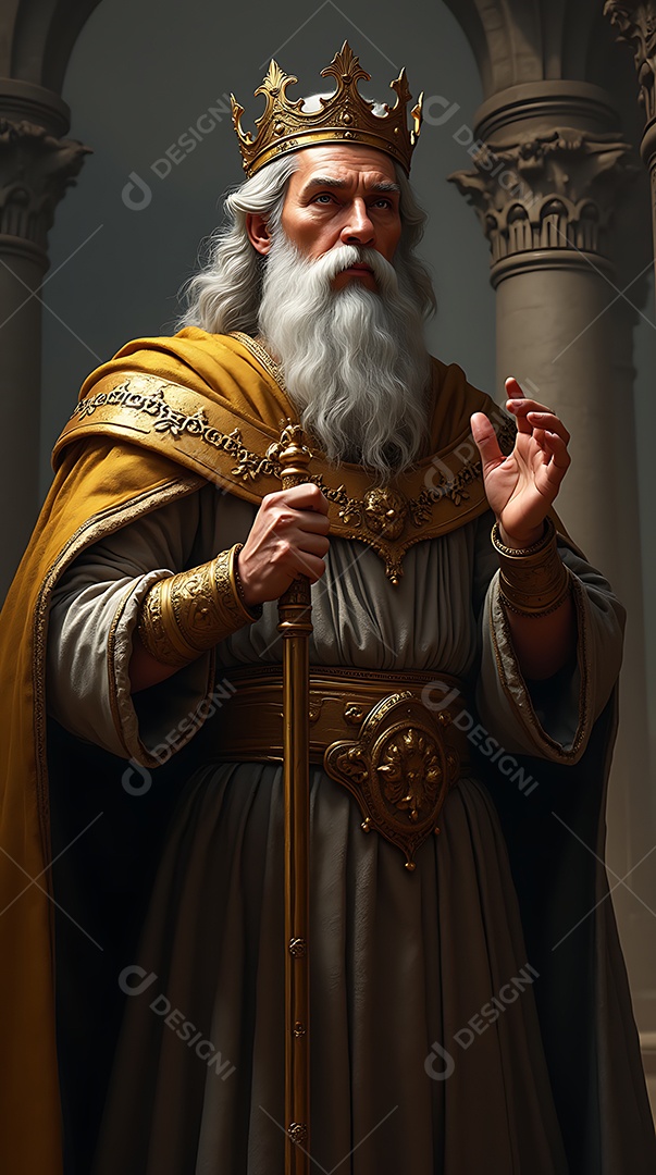 Belo rei sabio e majestoso com uma longa barba branca vestindo um traje dourado