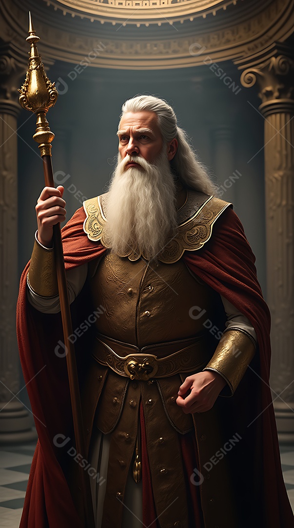 Belo rei sabio e majestoso com uma longa barba branca vestindo um traje dourado