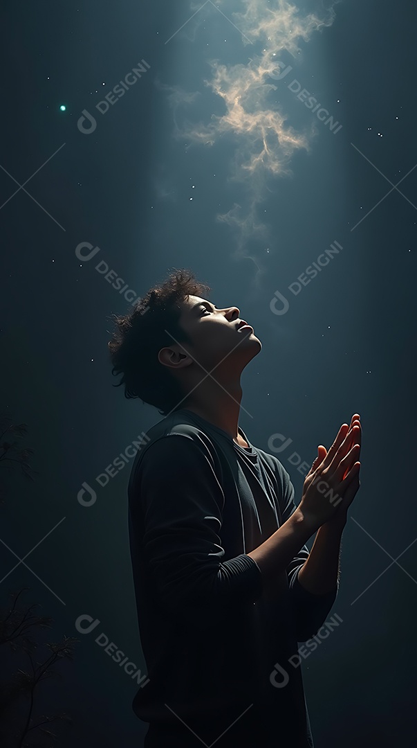 Linda cena realista de um jovem ajoelhado com suas mãos erguidas