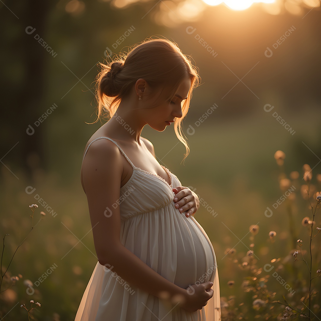 Linda mulher gestante sobre um cenário natural