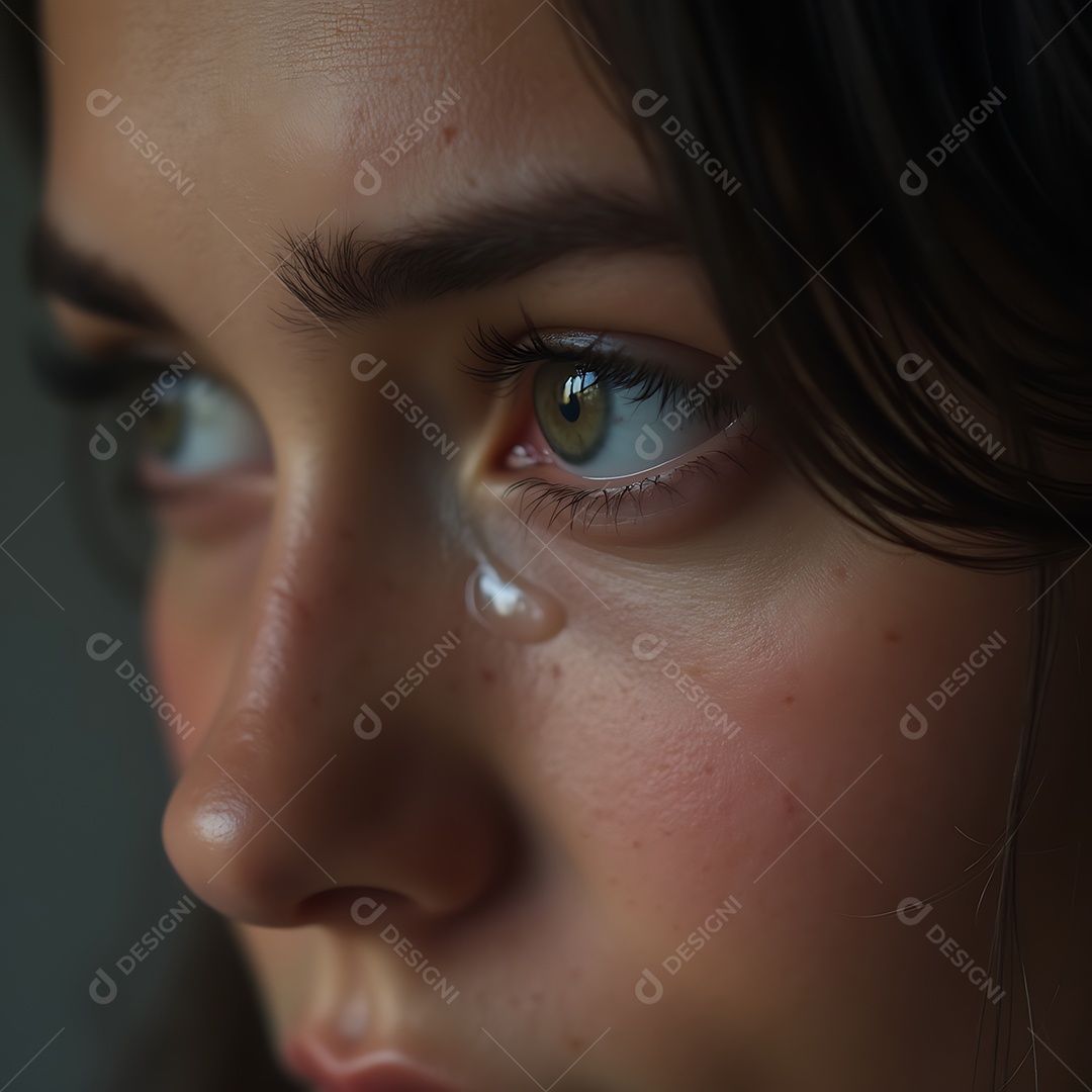 Close up de uma lagríma escorrendo pela pele de um rosto feminino em tons neutros sobre fundo isolado