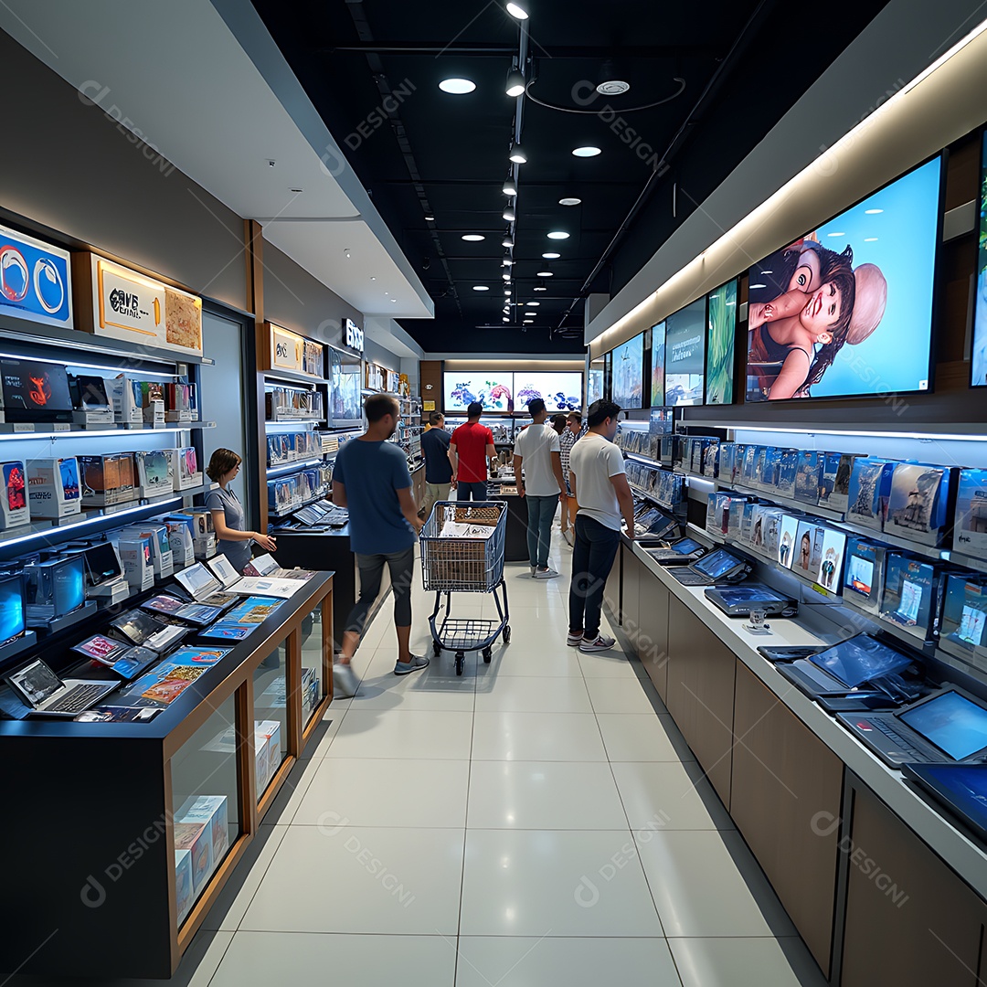 Uma loja de eletrônicos moderna repleta de clientes