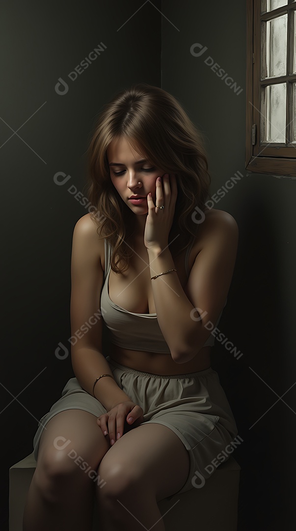 Bela jovem de pelé clara sentada sobre um quarto