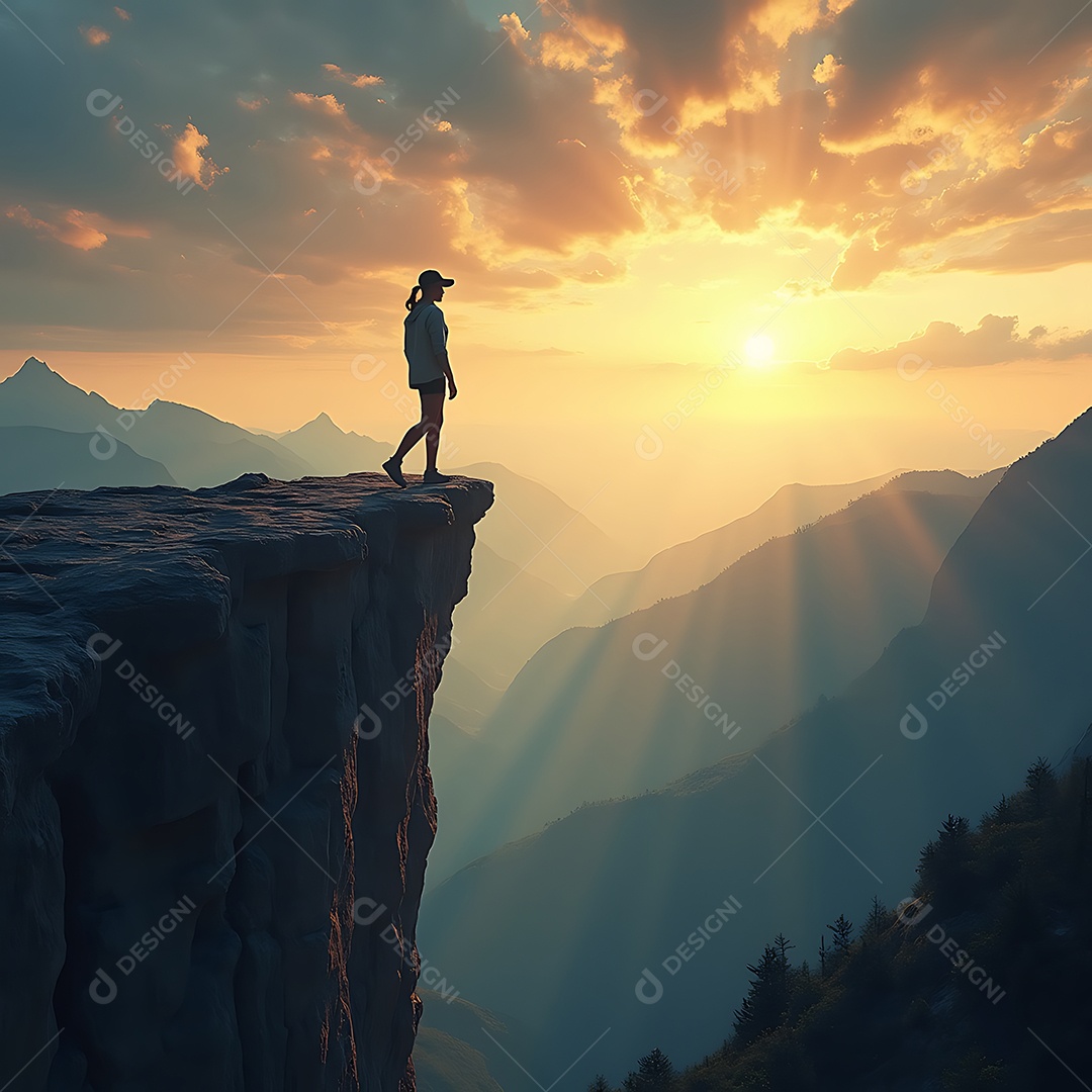 Uma pessoa em pé na borda de um penhasco alto ao pôr do sol olhando para um vasto horizonte de uma montanha