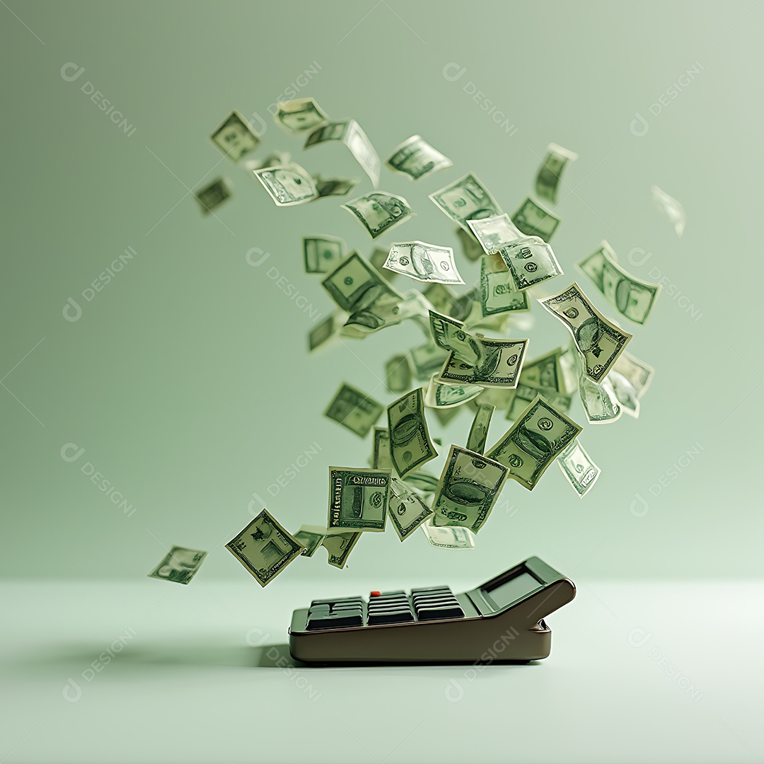 Calculadora de dinheiro de cor marrom e repletas notas verdes levadas pelo vento sobre fundo verde isolado