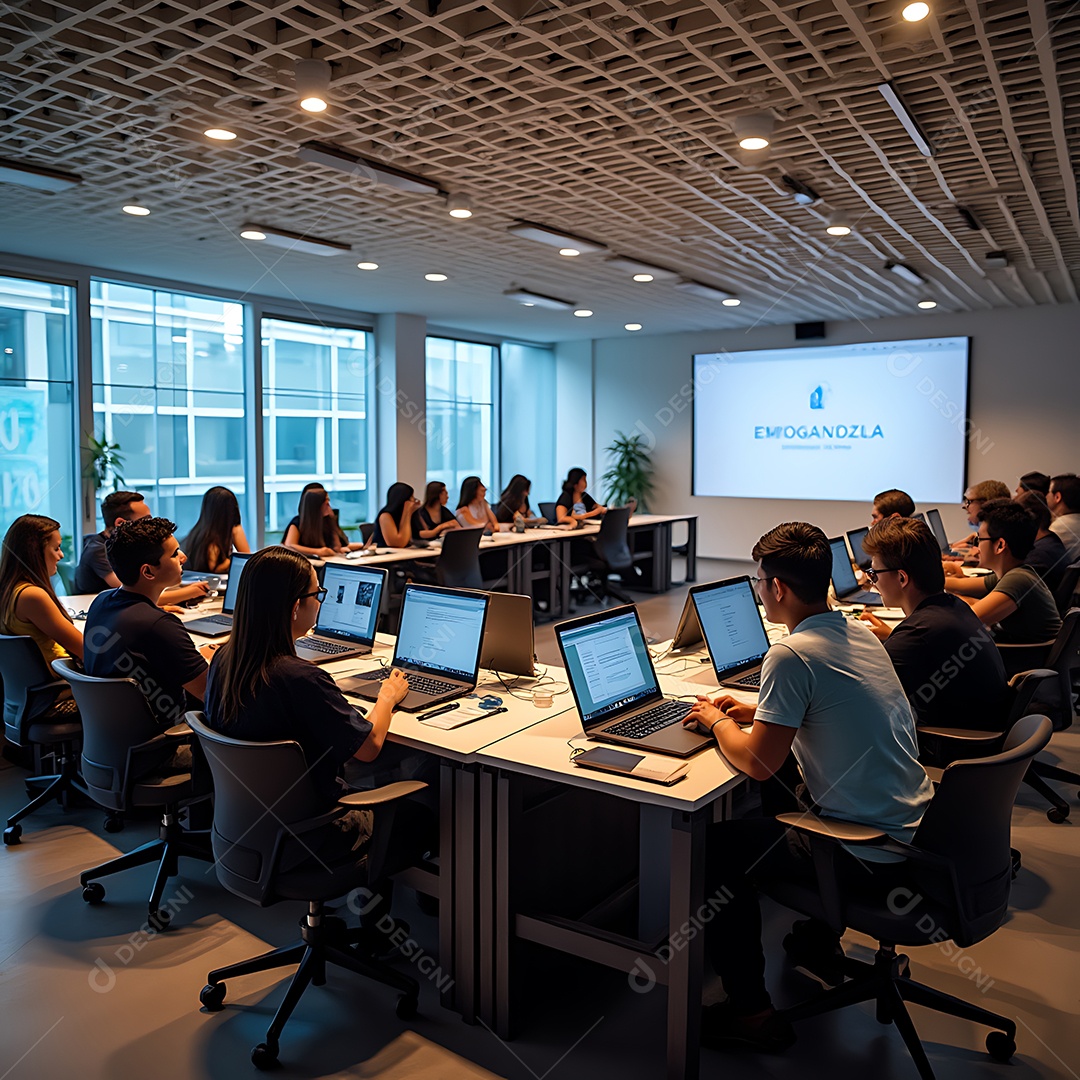 Bela sala de aula moderna e organizada com estudantes concentrados