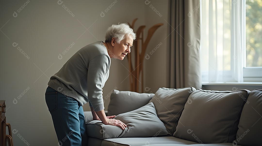 Uma senhora idosa se levantando com dificuldade de um sofá
