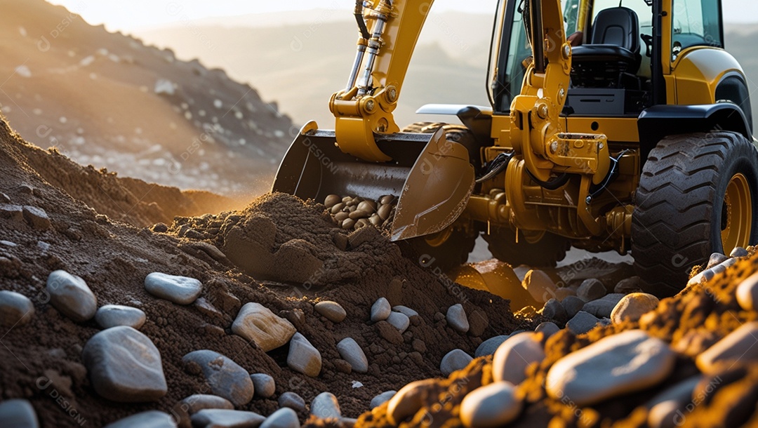 Retroescavadeira mexedo em solo com pedras