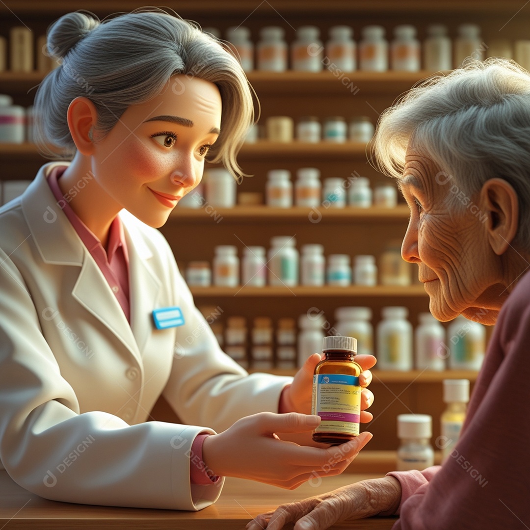 Uma farmacêutica entregando medicamento para idosa cliente