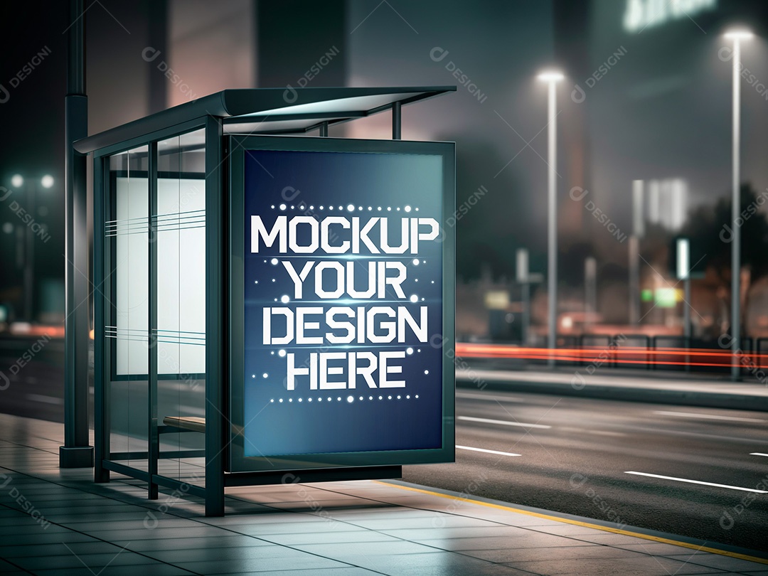 Placa Publicitária no Ponto de Ônibus Mockup PSD Editável