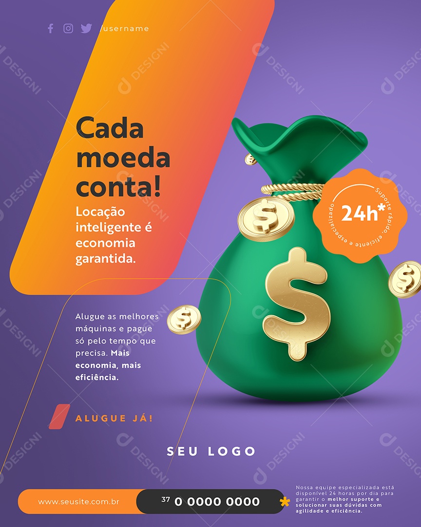 Locadora de Máquinas Cada Moeda Conta Social Media PSD Editável