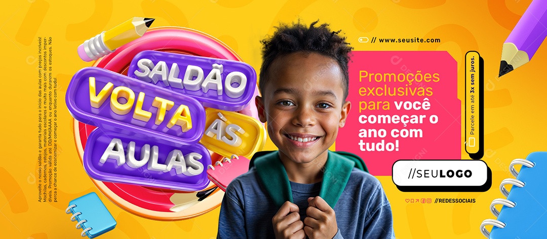 Banner Saldão Volta às Aulas Papelaria Promoções Exclusivas Social Media PSD Editável