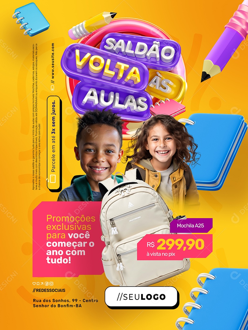 Saldão Volta às Aulas Papelaria Encarte Promoções Exclusivas Social Media PSD Editável