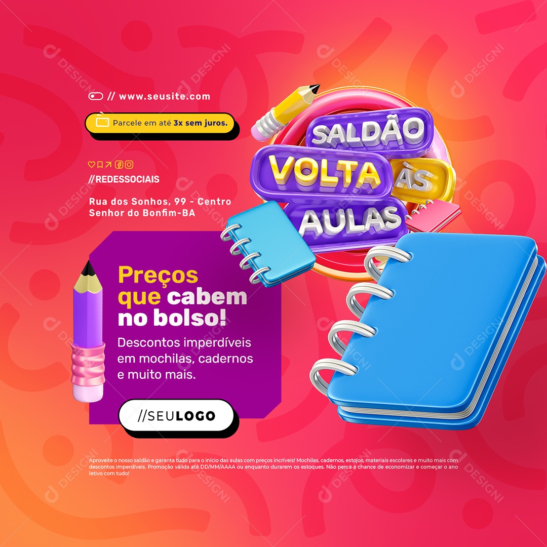 Saldão Volta às Aulas Papelaria Preços Que Cabem no Bolso Social Media PSD Editável
