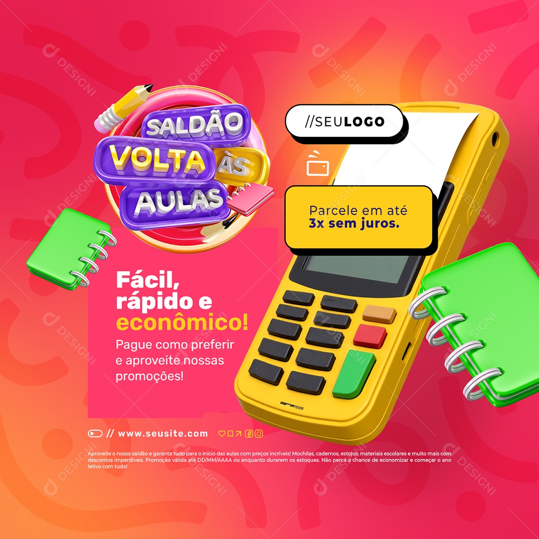 Saldão Volta às Aulas Papelaria Fácil Rápido Social Media PSD Editável